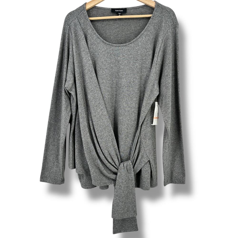 Karen Kane Wrap Drape Front Metallic Gray Shirt Womens Plus Size 2X Long Sleeve